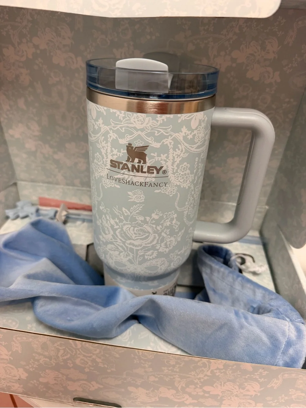 LoveShackFancy Pale Blue Floral Stanley Travel Mug with Handle